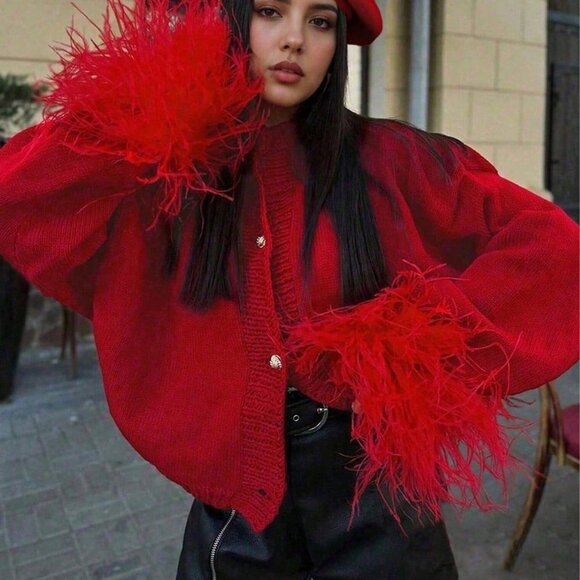 Red Casual Festive Women's fluffy faux fur sleeve cuffs Cardigan Top - Picture 4 of 11